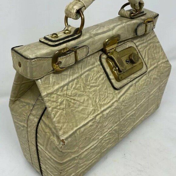 Vintage Gray Beige Croc Embossed Leather Hand Bag - Picture 2 of 8